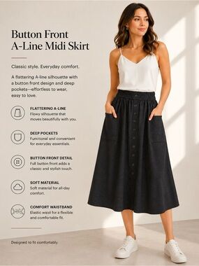 No Brand Charcoal Button Front Midi Skirt – Elastic Waist - No Fabric Content